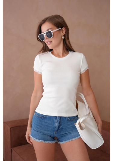 Dantel Detaylı Örme Body Bluz Ekru