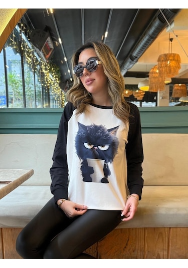 Reka Moda Kadın Uzun Kollu Bisiklet Yaka Kedi Baskılı Şardonlu Dalgıç Bluz Beyaz