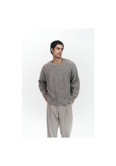 Vincent Yırtık Detay Boz Kahve Erkek Triko Kazak Kahverengi Melanj