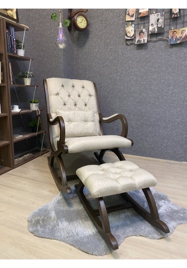 Asedia Rustik Ceviz Krem Sallanan Sandalye Dinlenme Koltuğu