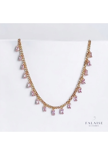 Pembe Baget Taşlı Zincir Kolye 45cm Altın - Pembe