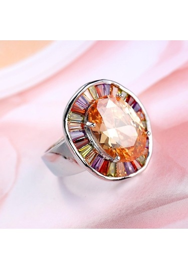 Dancemonkey Zirkon Yüzük Sodrov Şampanya Renkli Oval Kristal Kadın 7 Kc Lüks Moda Takı Çok Renkli