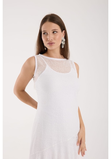 Eteği Volanlı Uzun Elbise Kırık Beyaz