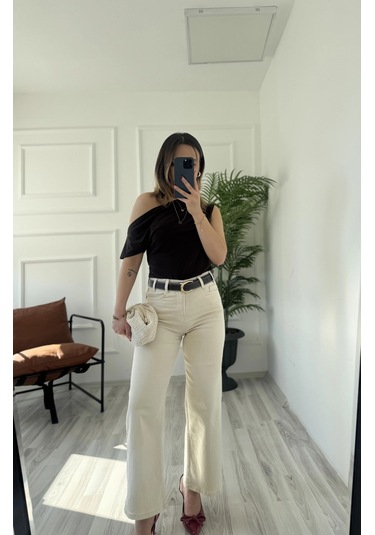 Keymoda Kadın Wide Leg Kemerli Bej Jean