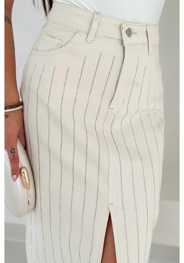 Paralel Taşlı Yırtmaçlı Denim Etek Beyaz Beyaz
