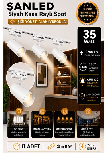 Led Beyaz Kasa Beyaz Işık 35w Raylı Spot / 8 Adet 3 Metre Ray Gün Işığı