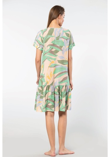 Türen 3603 Kadın Kısa Kollu Önden Düğmeli Dokuma Kloş Elbise-yeşil Yeşil