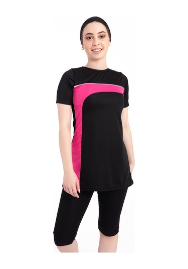 Kadın 667 Şeritli Kısa Kol Taytlı Tesettür Mayo Siyah-pembe-siyah - Pembe 31551 - 1 Siyah - Pembe