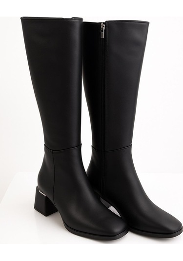 Kadın Topuk Detaylı Yandan Fermuarlı Uzun Çizme Siyah