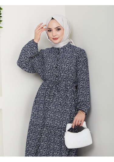 Düğme Detaylı Çiçekli Viskon Elbise - Lacivert / E0123 Lacivert