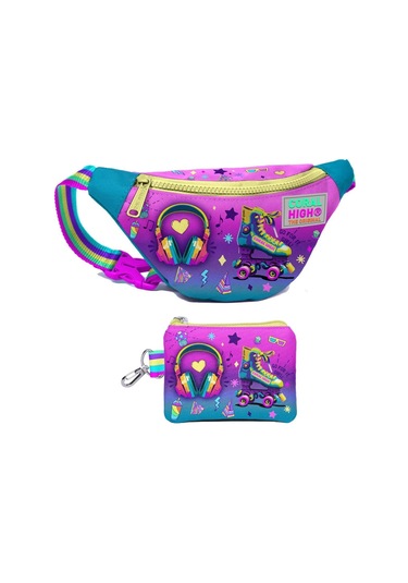 Coral High Kız Çocuk Pembe Turkuaz Kulaklık Paten Desenli Bel Çantası Ve Bozuk Para Cüzdanı Set Çok Renkli