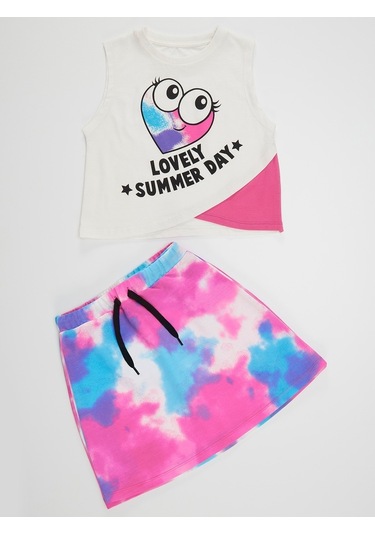 Denokids Mushi Kalp Batik Kız T-Shirt Etek Takım Çok Renkli