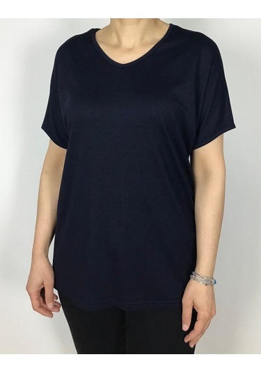 Kısa Kol V Yaka Likralı Düz Penye Bluz Lacivert