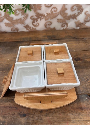 Ahşap Tepsili Kare Kahvaltılık 4 Lü
