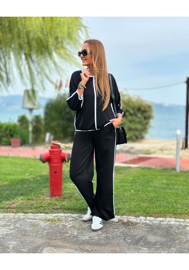 Lucky Life Kadınbisiklet Yaka Fakir Kol Biye Detay Bluz Ve Yüksek Bel Lastikli Pantolon Ikili Takım 001