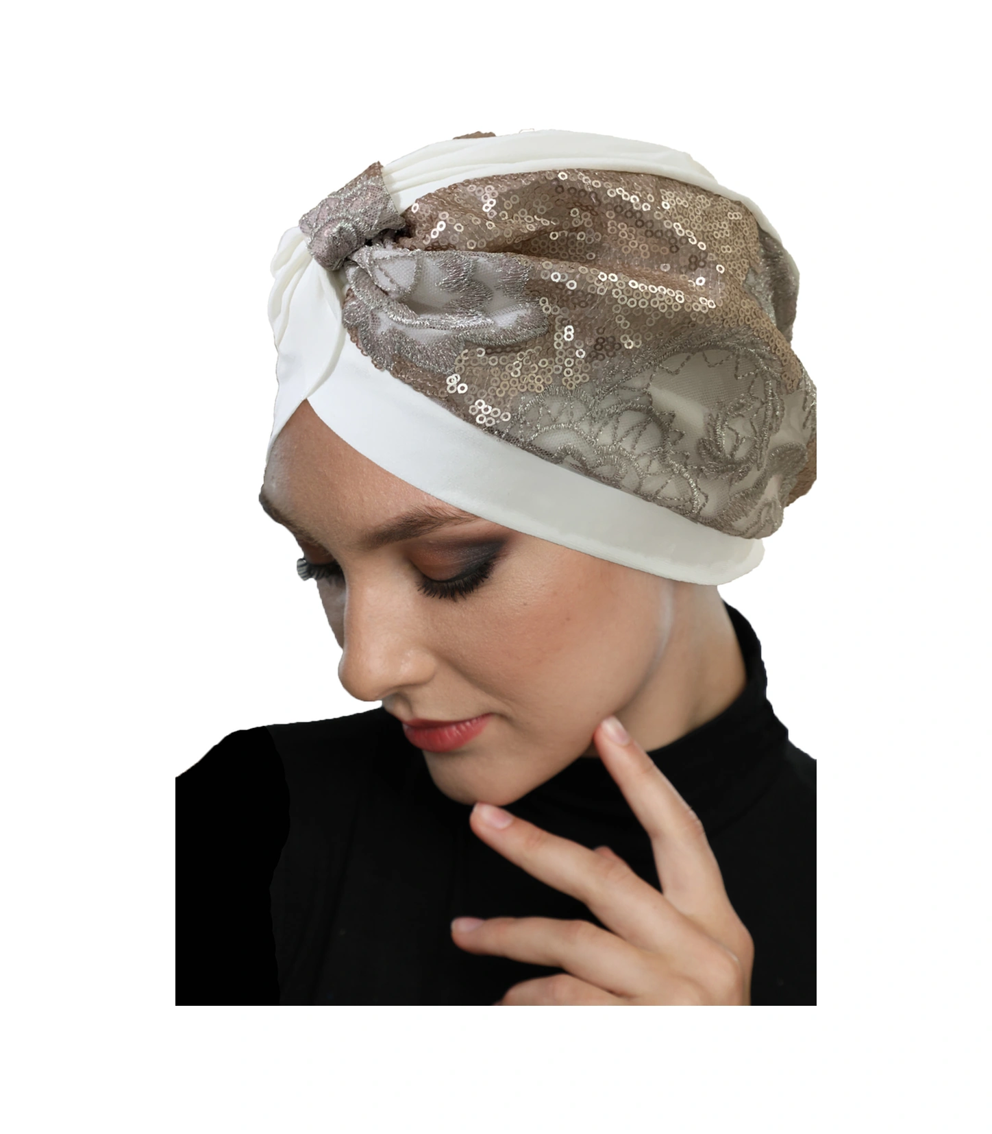 Özel Tasarım Ekru Üzeri Pudra Payet Ve Aplikeli Astarlı Hazır Türban Tesettür Abiye Bone Ekru3