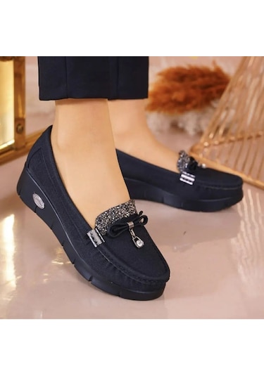 Konfores 086 Anatomik Tabanlı Bayan Dolgu Topuk Günlük Ayakka Siyah