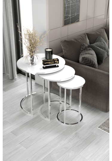 3'lü C Zigon Sehpa Gümüş Ayak Beyaz Ayna