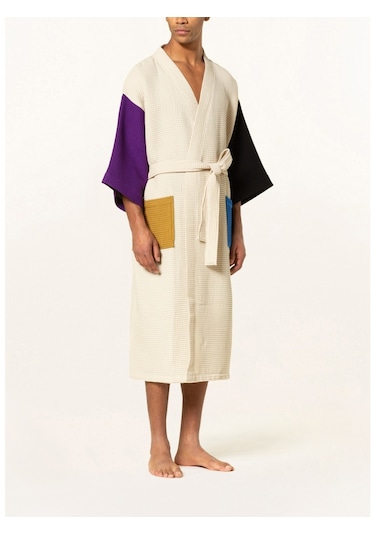Unisex Kimono, Renk Bloklu, Şal Yakalı, %60 Pamuk, 125 Cm Uzunluk Siyah