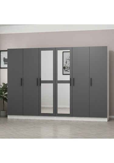 Minar Kale 6 Kapaklı 2 Aynalı 4 Çekmeceli Dolap Beyaz Antrasit 210cm Çok Renkli