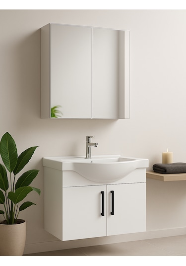 Nova 80 Cm Mdf Beyaz, Oval Seramik Lavabo, Banyo Dolabı Beyaz