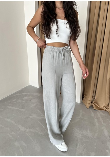Gri %100 Keten Palazzo Pantolon Gri