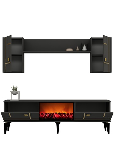 Maddera Şömineli Tv Ünitesi Takımı Antrasit-altın