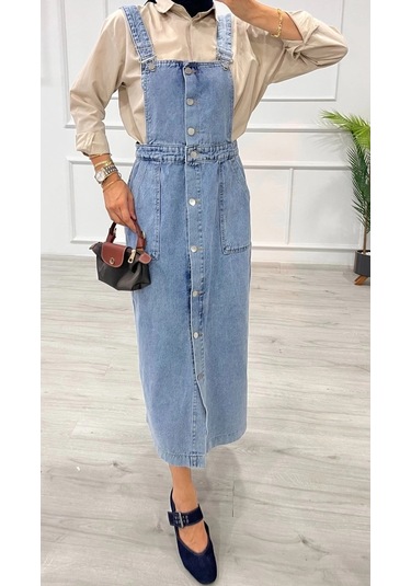 Etekli Salopet Enzim Süper Taş Yıkama Buz Mavi D 2521 Mavi