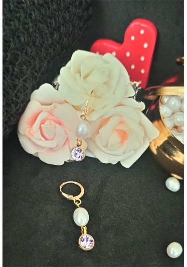 24k Altın Kaplama Gerçek İnci Zirkon Taşlı Lila Mor Tasarım Küpe Gold