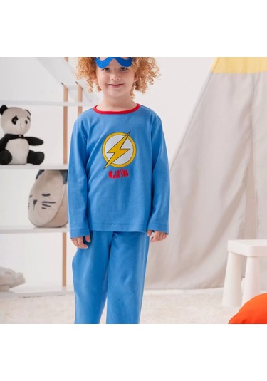 Heros Desenli Çanta Ve Maskeli % 100 Pamuk Erkek Çocuk Pijama Takımı Mavi
