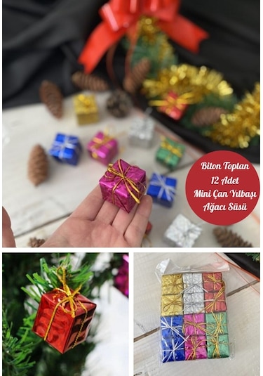 12 Adet Hediye Paketi Renkli Noel Yılbaşı Çam Ağacı Süsü 3 Cm