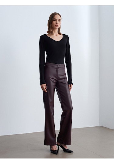 Dilvin 72237 Suni Deri Çan Paça Pantolon-bordo Bordo