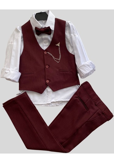 Lüks Planet Yelekli Papyonlu Erkek Çocuk Takım Elbise Bordo