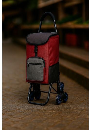 Sessiz 3 Tekerlekli Pazar Arabası Su Geçirmez, Fermuarlı Çantalı Kırmızı