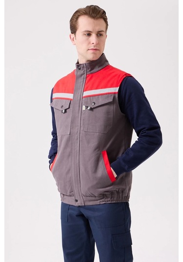 Kışlık İş Yeleği Grikırmızı Gabardin Çok Cepli Royal Sıcak Tutucu Rüzgar Geçirmez Reflektörlü Gri-kırmızı