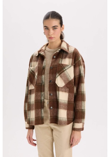 DeFacto Oversize Geniş Kalıp Kareli Flanel Uzun Kollu Gömlek E0572AX24WNBN333 Kahve