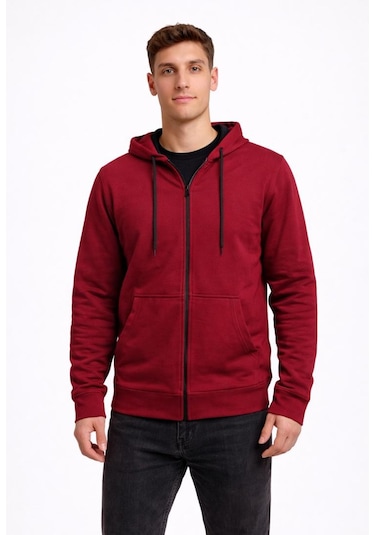 Axxel Erkek Bordo 2 İplik Fermuarlı Kapüşonlu Sweatshirt-w1084 Bordo
