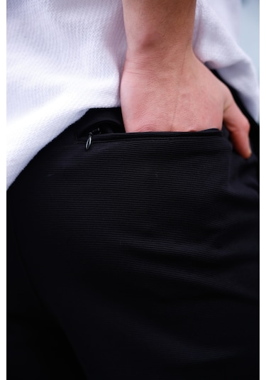 Erkek Siyah Renk Likralı Kumaş Jogger Pantolon-1760 Siyah
