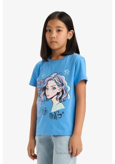 DeFacto Kız Çocuk Bisiklet Yaka Baskılı Kısa Kollu Tişört E0350A825SMBE339 Mavi