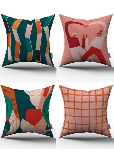 Pembe Krem Soyut Dekoratif Desenli 4'lü Dijital Baskılı Kırlent Kılıfı Seti - 4kmbs048