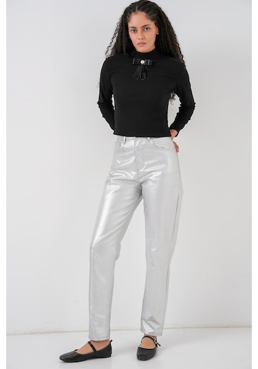 Kadın Yüksek Bel Parlak Pantolon 6738 - Gümüş Gümüş