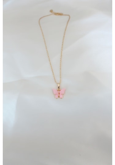 Tua Moda Gold Kaplama Pembe Sedefli Kelebek Kolye Çok Renkli