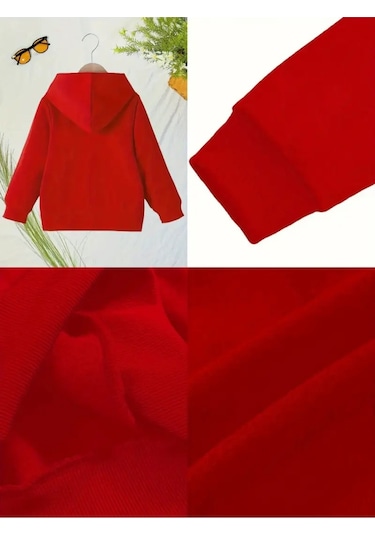 Kışlık Kapüşonlu Sweatshirt, Çocuk Ayakta Kediler Baskılı Kırmızı