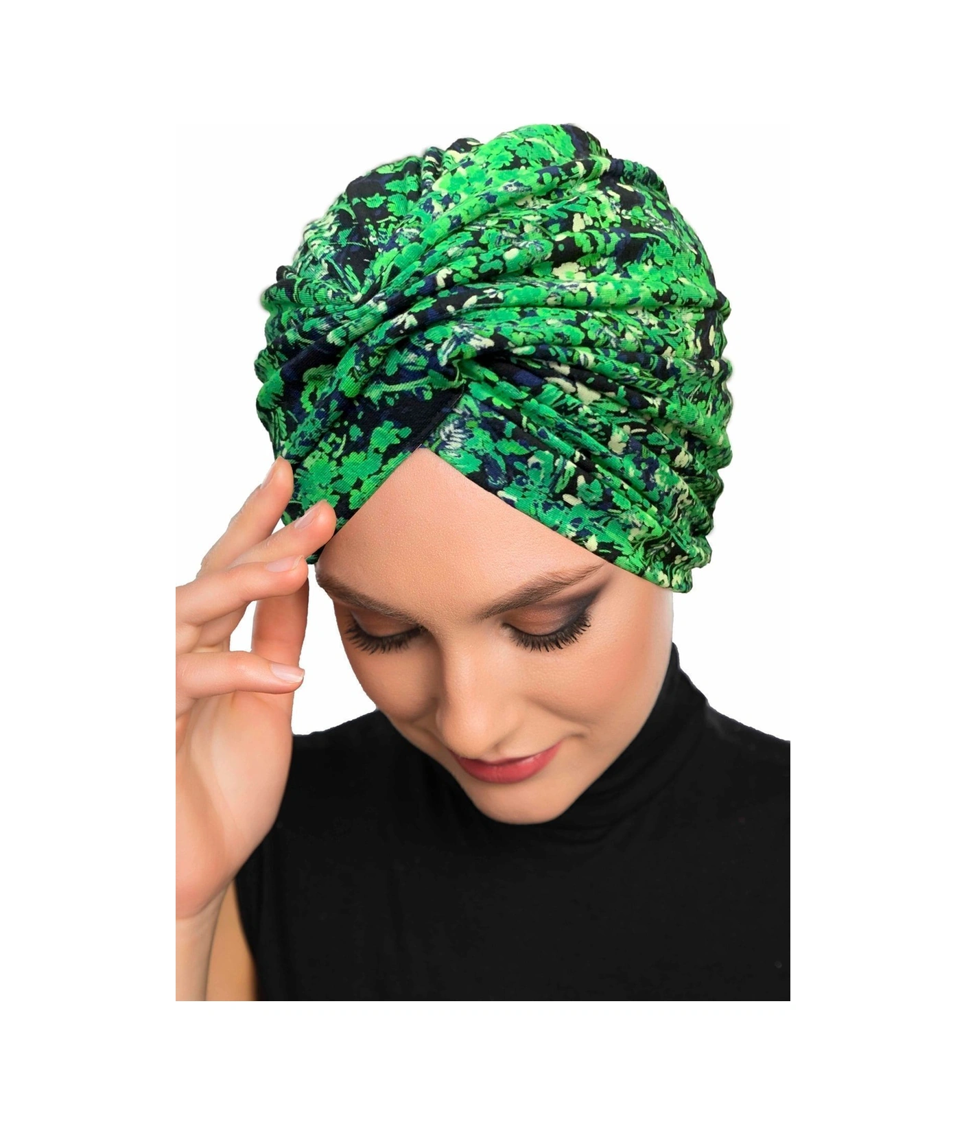 Fidan Desenli Çapraz Penye Yeşil Lacivert Çiçek Motifli Hazır Türban Tesettür Havuz Bonesi Yeşil Lacivert