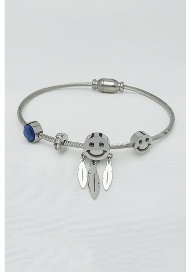 Batu Aksesuar Gümüş Kaplama Smile Çelik Charmlı Bileklik 19.5 CM