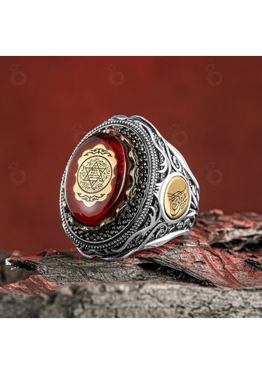Kehribar Üzeri Hz. Süleyman Mühürlü Ay Yıldızlı Gümüş Erkek Yüzük