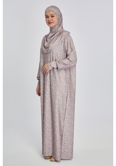 Pratik Tek Parça Çiçek Desenli Namaz Elbisesi Bej