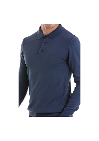 Hatemoğlu İndigo Regular Fit Düz Polo Yaka Triko Kazak İndigo