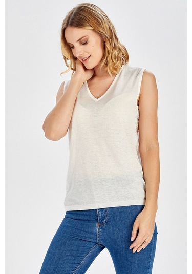 Peraluna Dantel Detaylı Beyaz Renk Kolsuz Kadın Triko Bluz-Beyaz