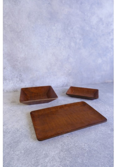 Justwood 3 Lü Ligna Ahşap Rölyefli Dikdörtgen Sunum Seti 16x26, 18x18, 12,5x17 Cm Servis Seti, Tabak Koyu Kahverengi